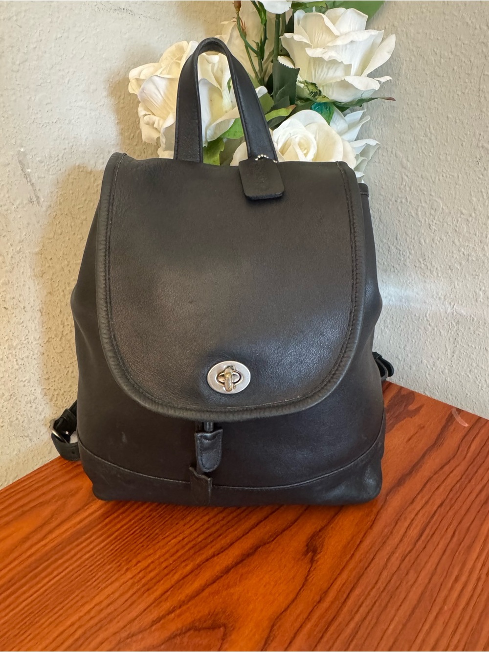 Vintage #9791 Coach Black Leather Turn-Lock Backpack